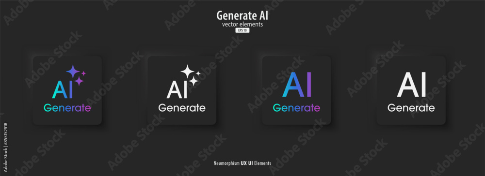 Poster Set of Generative AI black button. Artificial intelligence and Machine learning technology concept. AI enters by command prompt to generate ideas. Chat with AI. UI UX design, Vector illustration.