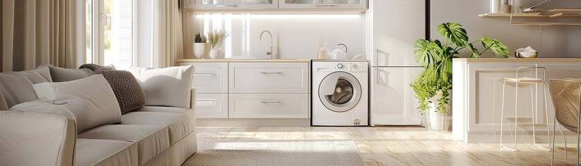 Gray washing machine is placed in the corner of an open space,