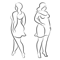 Collection. Silhouette figure of a slender woman. The girl is standing. The girl is full of beauty and sexuality. Girl is overweight vector illustration set
