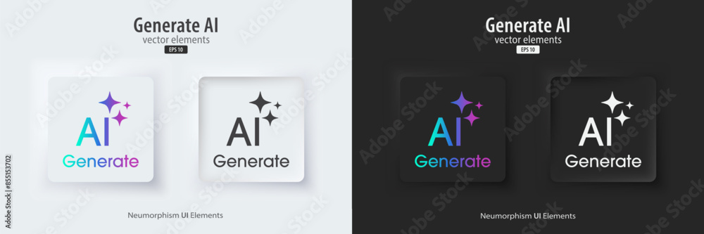 Aufkleber Set of Generative AI in black and white neumorphism style. Active and inactive buttons. Machine learning concept. AI enters by command prompt to generate ideas. UI UX design, Vector illustration.