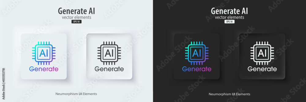 Aufkleber Set of Generative AI in black and white neumorphism style. Active and inactive buttons. Machine learning concept. AI enters by command prompt to generate ideas. UI UX design, Vector illustration.
