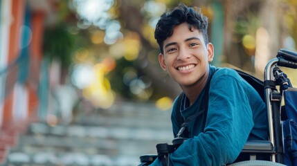 Young hispanic teen in wheelchair embracing joy and freedom despite disability, inspiring smiles