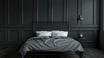 a bedroom with a black wall background, featuring a metal bed frame and wooden nightstands, showcasing Scandinavian farmhouse-style home decor from a frontal perspective.