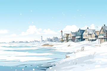 winter landscape with houses by the lake