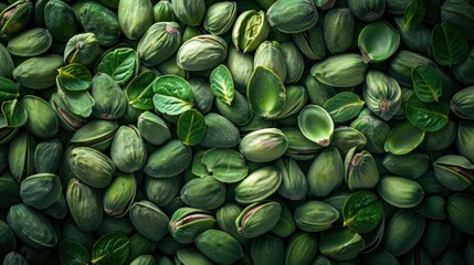 Green Pistachios and Leaves: A Close Up