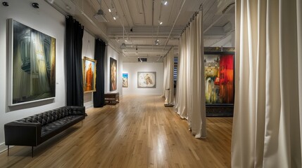 A chic art gallery cream Savoy blackout curtains are used to prevent glare on the artwork, subtly enhancing the viewing experience without drawing attention away from the art.