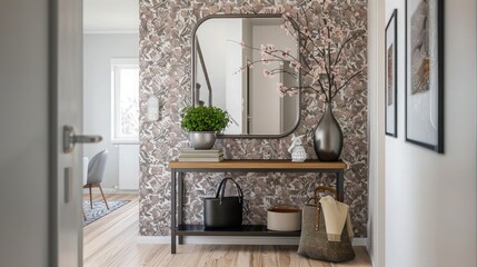 A chic hallway in a modern apartment, Metal Wall Mirror is mounted on a wallpapered accent wall, paired with minimalist accessories to enhance its metallic frame.