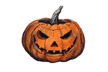 Illustration of a carved Halloween pumpkin with a scary face, featuring intricate details and vibrant orange color.