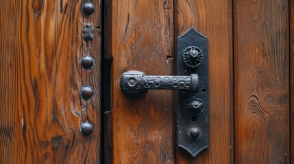 A detailed shot of a modern metal door handle on a wooden door