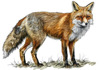 Fototapeta premium Detailed illustration of a majestic red fox standing on a grassy terrain with a sharp gaze, showing its beautiful fur and elegant stance.