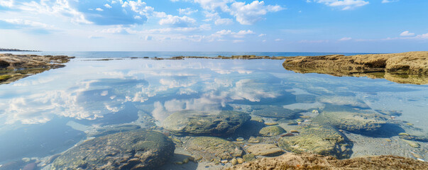 Beach background with a clear tide pool reflecting the blue sky.