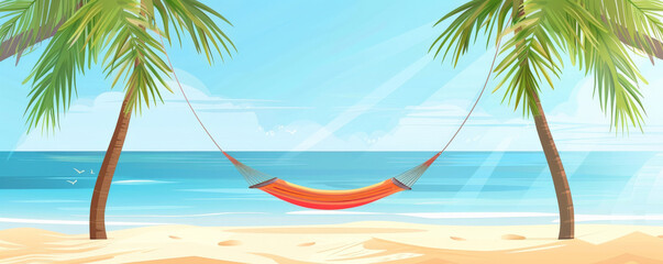 Obraz premium Beach background with a hammock tied between two palm trees.