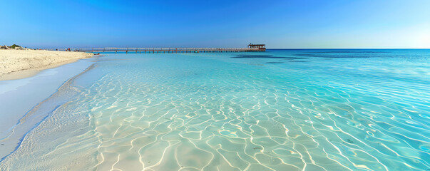 Obraz premium Beach background with a jetty extending into the clear, calm water.