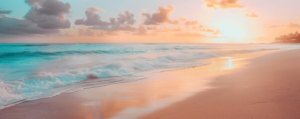 Beach background with a serene, empty beach at dawn.