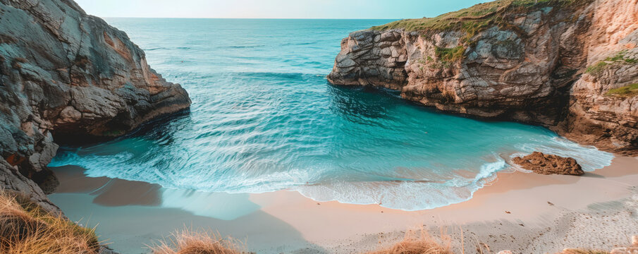 Beach background with a secluded cove surrounded by rocky cliffs.