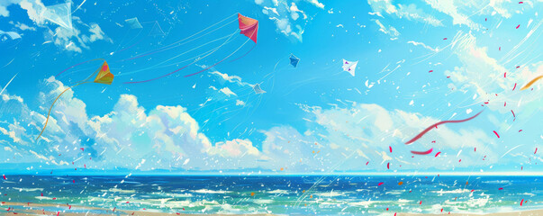 Beach background with colorful kites flying high in the sky.