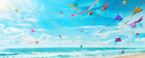 Beach background with colorful kites flying high in the sky.