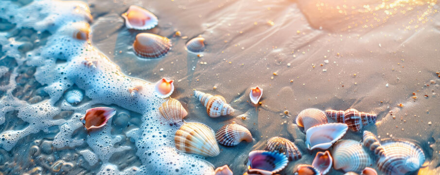 Beach background with colorful seashells scattered on wet sand.