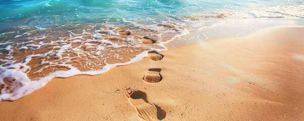Beach background with footprints in the wet sand leading to the water.