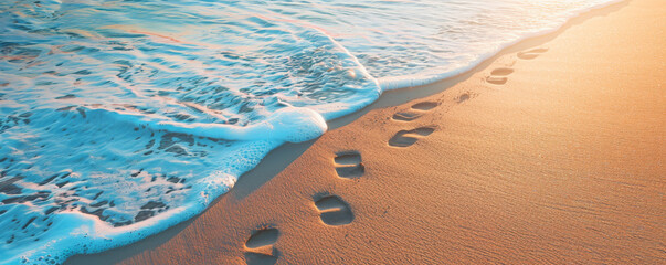 Beach background with footprints in the wet sand leading to the water.