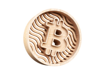 3D Bitcoin icon design made of sustainable pine wood. High quality 3D rendering. Blockchain concept decorative design.