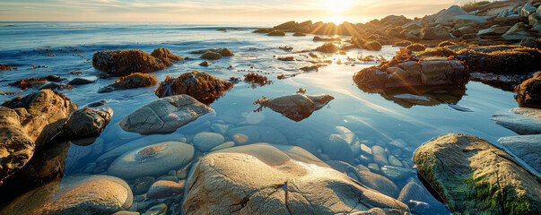 Beach background with sun-kissed rocks and tide pools.