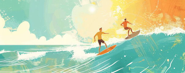 Naklejka premium Beach background with surfers riding the waves under a sunny sky.