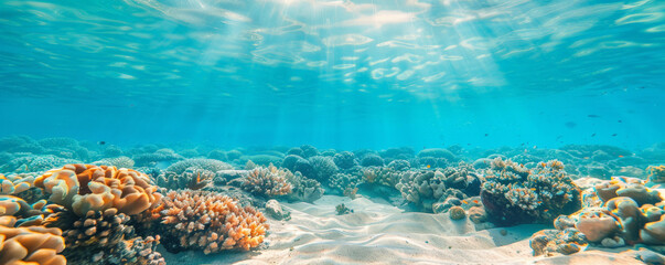 Fototapeta premium Beach background with vibrant coral and marine life visible just below the surface.