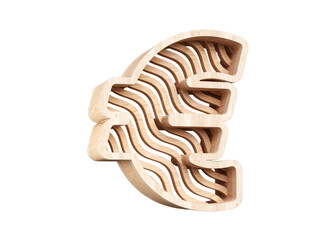 3D Euro symbol made of light wood with pattern of wavy lines. Sustainable concept font. High quality 3D rendering.