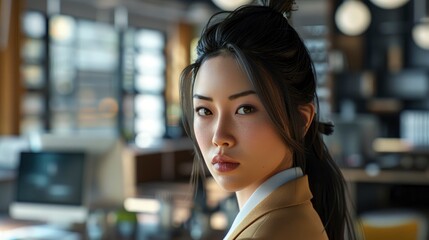 An Asian Businesswoman In An Office, Focused And Diligent