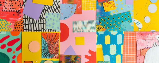 Bright background with a collage of vivid, retro-inspired prints.