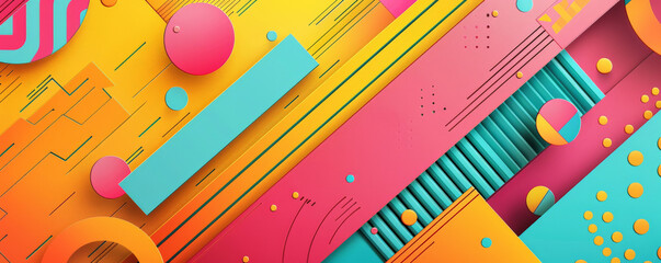 Bright background with a mix of vivid, geometric patterns.