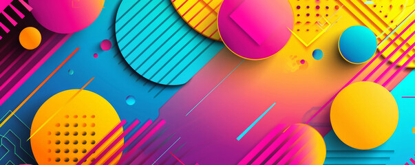 Bright background with a mix of vivid, geometric patterns.
