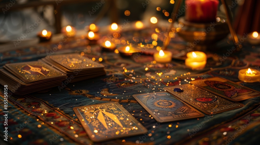 Wall mural mystical scene with gold tarot cards on the table - Wall murals