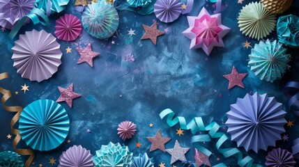 Colorful Paper Crafts and Stars on Artistic Blue Background