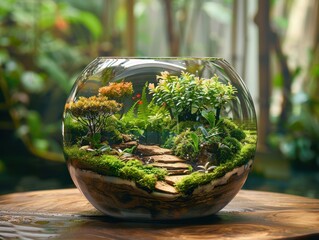 Tiny terrarium bursting with lush greenery, encapsulating a miniature world of conservation and care for nature.