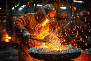 Foundry worker preparing molten silver, bright orange light illuminating the scene, focus on the pouring process, eyelevel shot, industrial ambiance