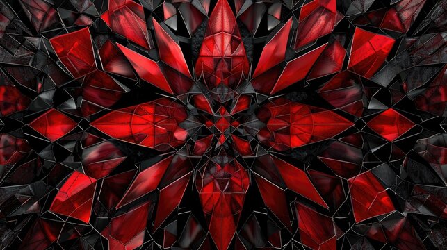 Abstract red and black geometric pattern with shining facets. Modern digital art background with intricate symmetrical shapes.