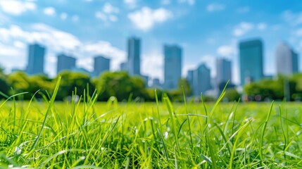 a green grass field in the park, with the city skyline in the background, under a clear blue sky on a summer day, using a wide-angle lens to emphasize the vastness of the scene.