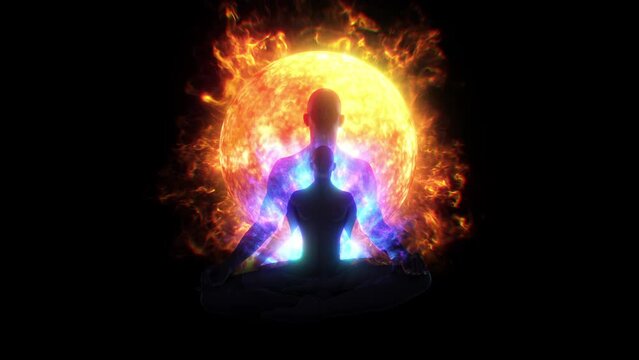 A silhouetted figure sat in a mediation lotus pose, surrounded with pulsating flowing light energy.