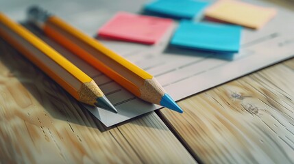 Obraz premium Two wooden pencils and colorful sticky notes rest on a piece of paper, ready for planning and work, isolated on a wooden surface.