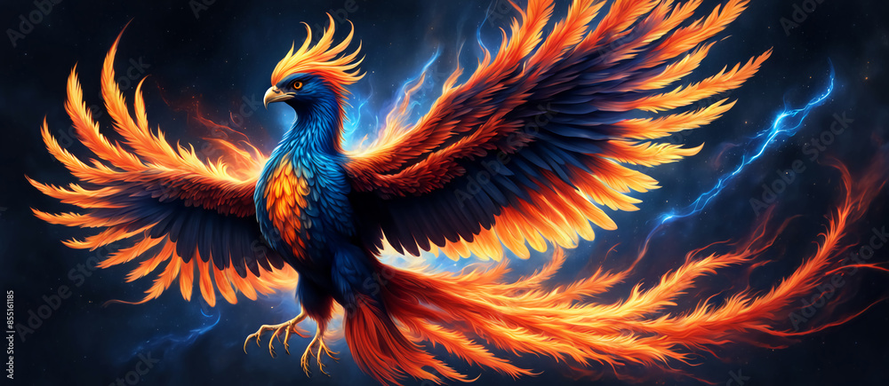 Wall mural phoenix bird fire fantasy firebird abstract magic 3d eagle animal. phoenix bird fire tale character  - Wall murals