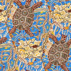 Seamless pattern. Marine life. Drawing in ink and watercolor.