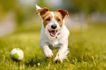 Border Collie dog playing fetch in a grassy field with a bright ball ,Funny portrait of cute smiling puppy dog border collie playing with tennis ball on green grass outdoors in summer