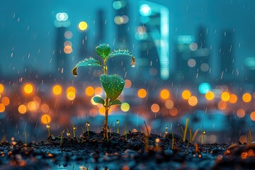 A small plant grows in rain, with city in background