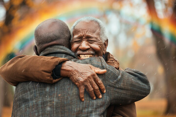 Fototapeta premium Two Elderly African Men Warmly Embracing Each Other with Joyful Smiles in Autumn Park