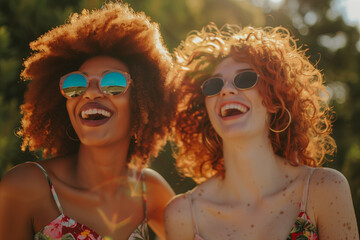Obraz premium Two Young Women with Afro-Textured and Curly Red Hair Enjoying Sunlit Day in Summer Outfits