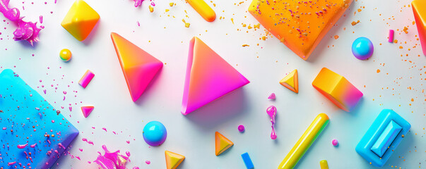Bright background with neon-colored geometric shapes on a white base.