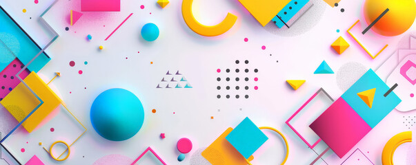Bright background with neon-colored geometric shapes on a white base.