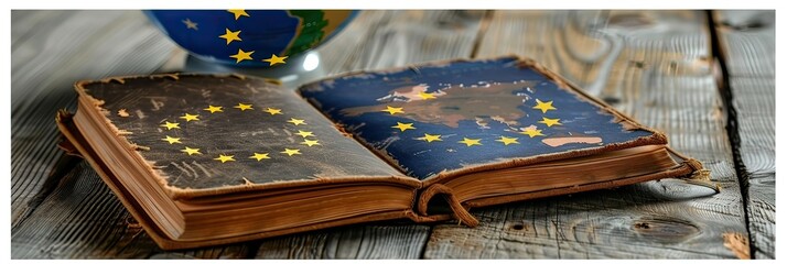 There is an open book with a globe in the background, placed on a wooden table
